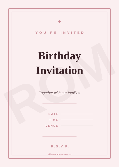 Birthday Invitation · Gül — ROM dijital ürün önizlemesi (filigranlı)