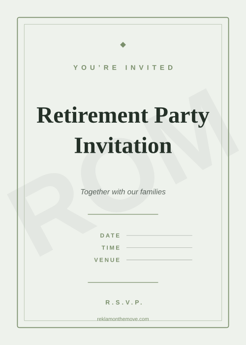 Retirement Party Invitation · Adaçayı — ROM dijital ürün önizlemesi (filigranlı)