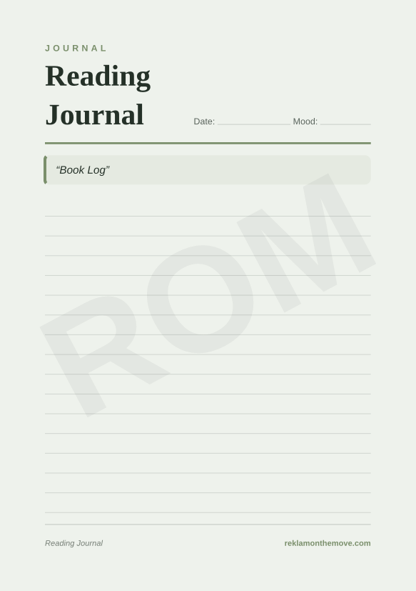 Reading Journal · Adaçayı — ROM dijital ürün önizlemesi (filigranlı)