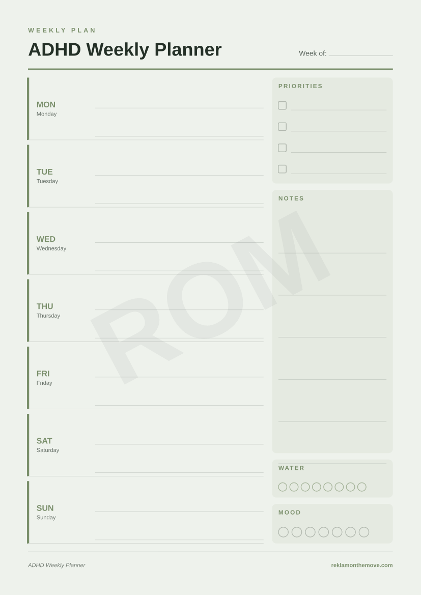 ADHD Weekly Planner · Adaçayı — ROM dijital ürün önizlemesi (filigranlı)