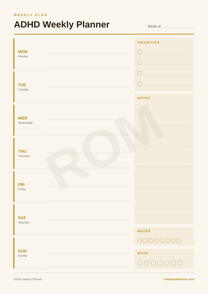 ADHD Weekly Planner · Espresso — ROM dijital ürün önizlemesi (filigranlı)