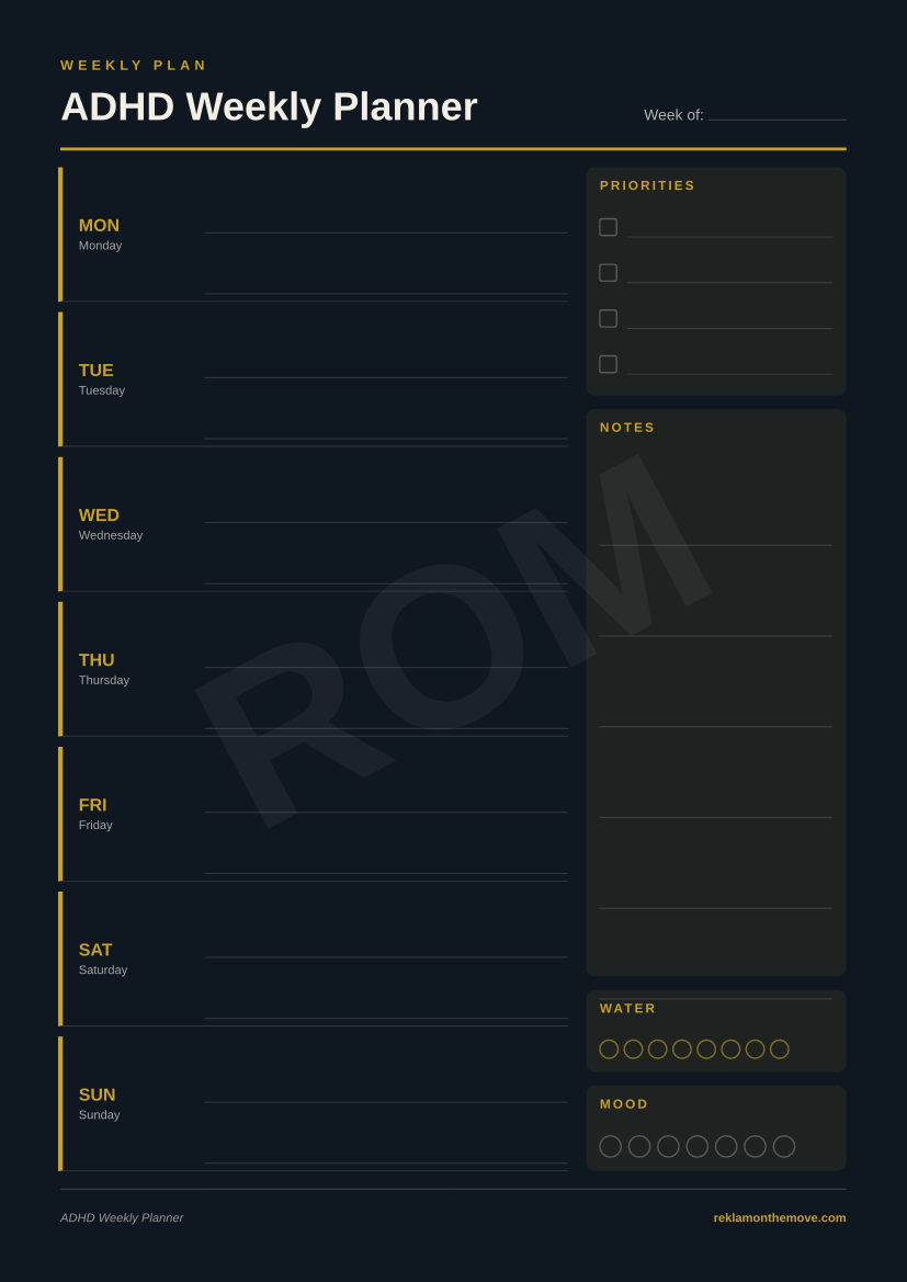 ADHD Weekly Planner · Gece — ROM dijital ürün önizlemesi (filigranlı)