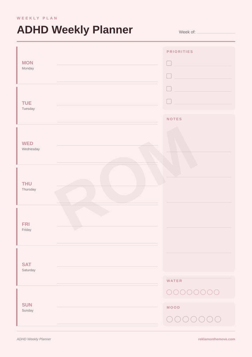 ADHD Weekly Planner · Gül — ROM dijital ürün önizlemesi (filigranlı)