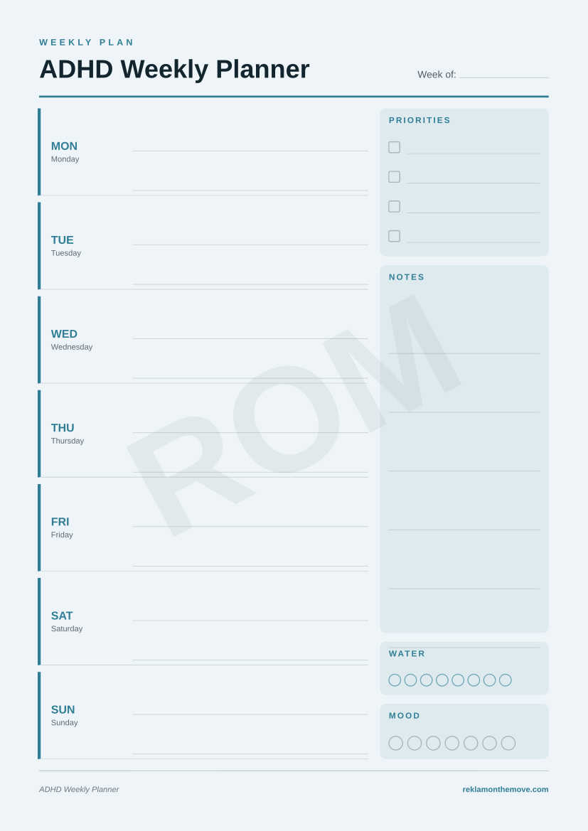 ADHD Weekly Planner · Okyanus — ROM dijital ürün önizlemesi (filigranlı)
