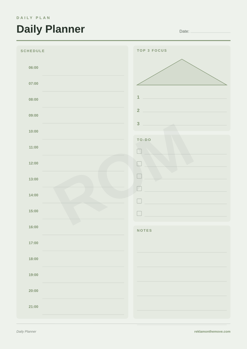 Daily Planner · Adaçayı — ROM dijital ürün önizlemesi (filigranlı)