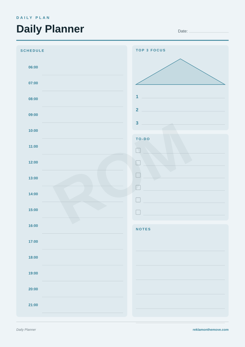 Daily Planner · Okyanus — ROM dijital ürün önizlemesi (filigranlı)