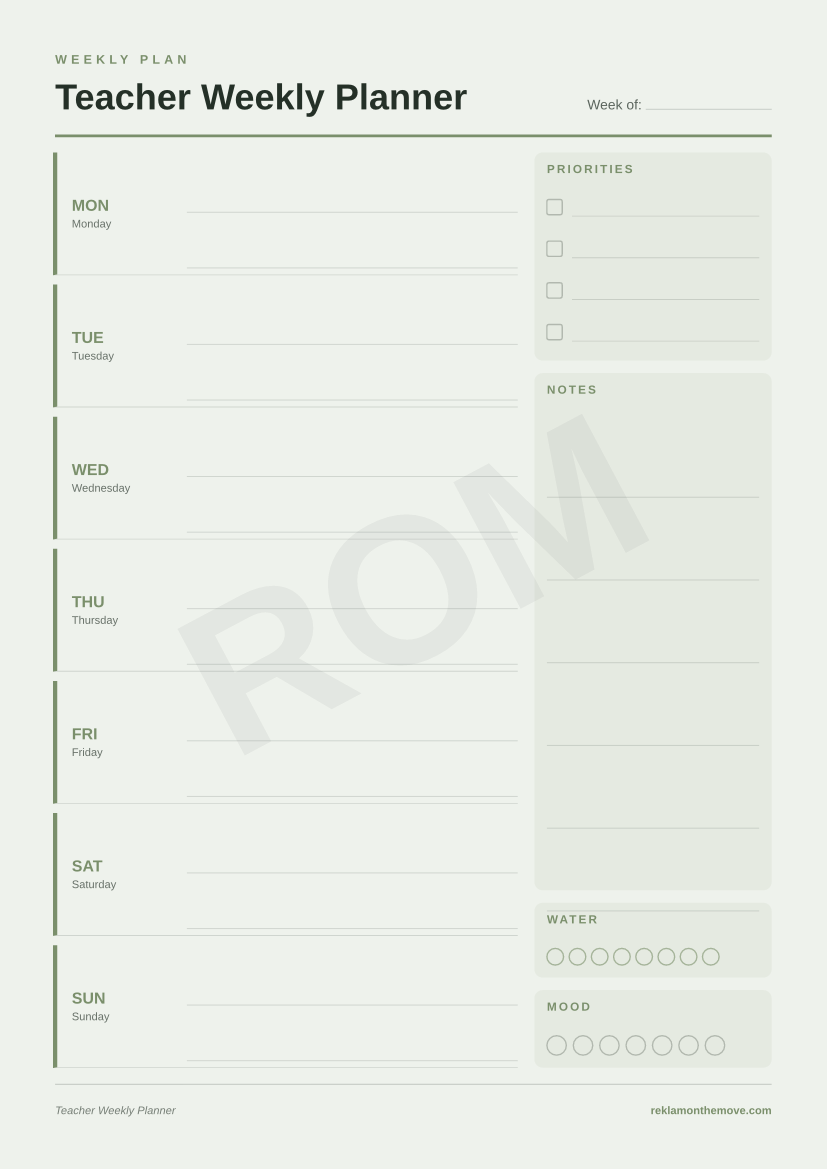 Teacher Weekly Planner · Adaçayı — ROM dijital ürün önizlemesi (filigranlı)