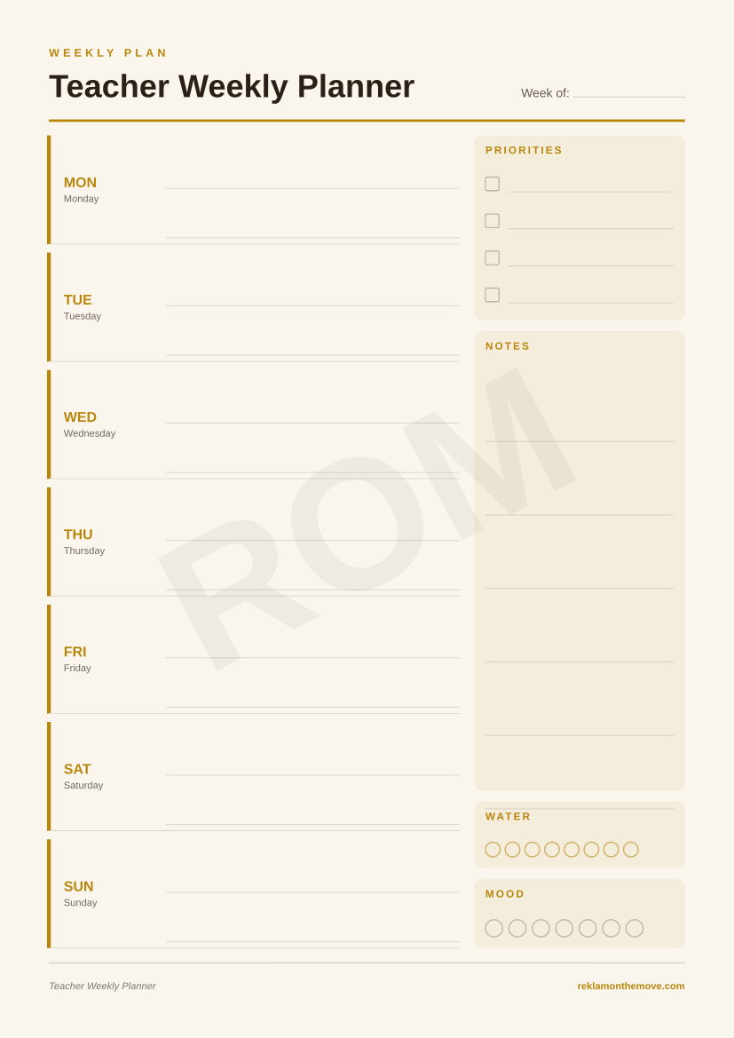 Teacher Weekly Planner · Espresso — ROM dijital ürün önizlemesi (filigranlı)