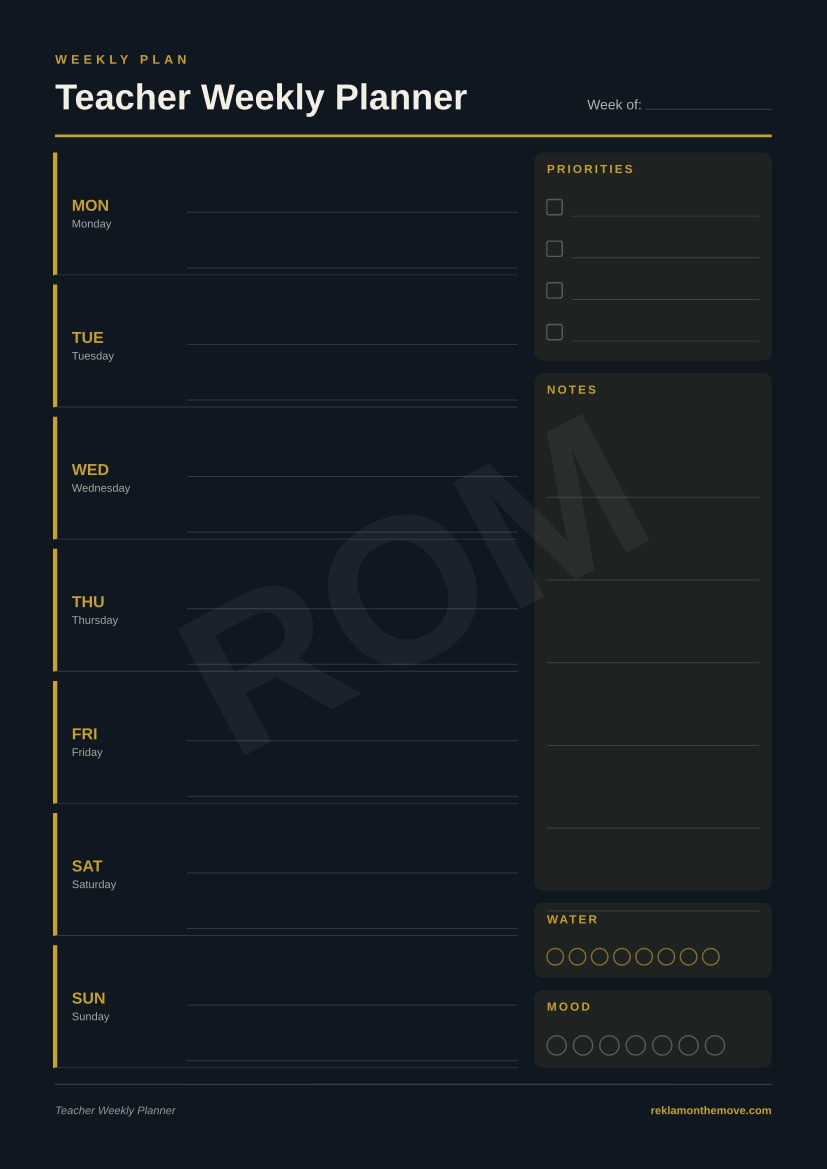Teacher Weekly Planner · Gece — ROM dijital ürün önizlemesi (filigranlı)