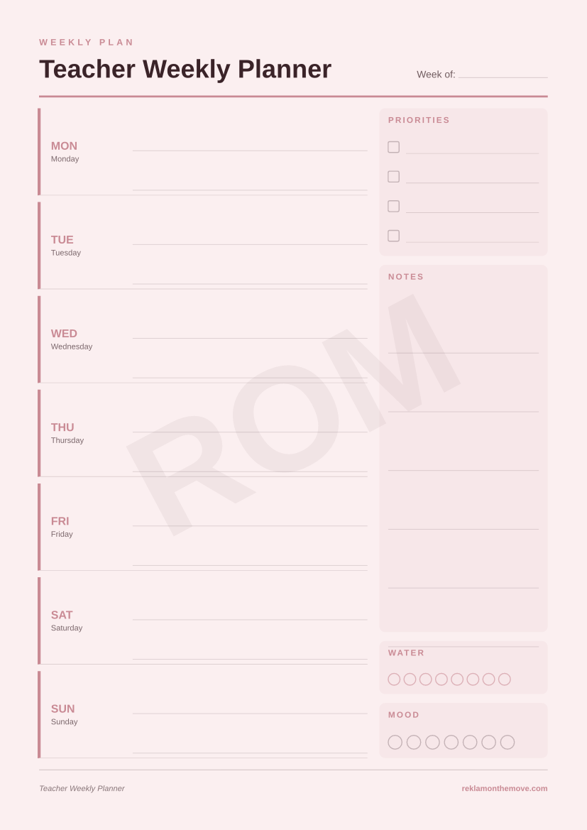 Teacher Weekly Planner · Gül — ROM dijital ürün önizlemesi (filigranlı)