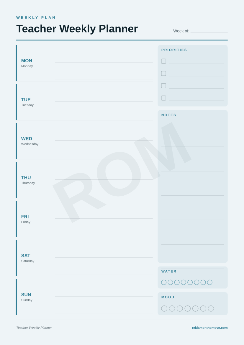 Teacher Weekly Planner · Okyanus — ROM dijital ürün önizlemesi (filigranlı)