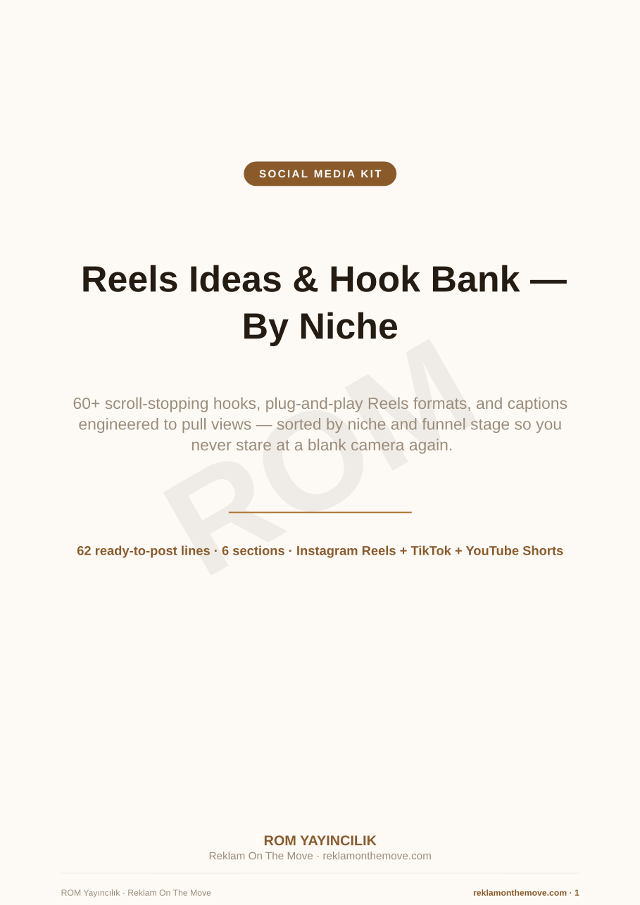 Reels Ideas & Hook Bank — By Niche — ROM dijital ürün önizlemesi (filigranlı)