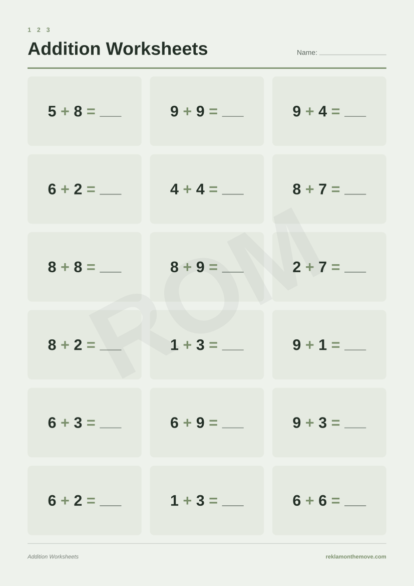 Addition Worksheets · Adaçayı — ROM dijital ürün önizlemesi (filigranlı)