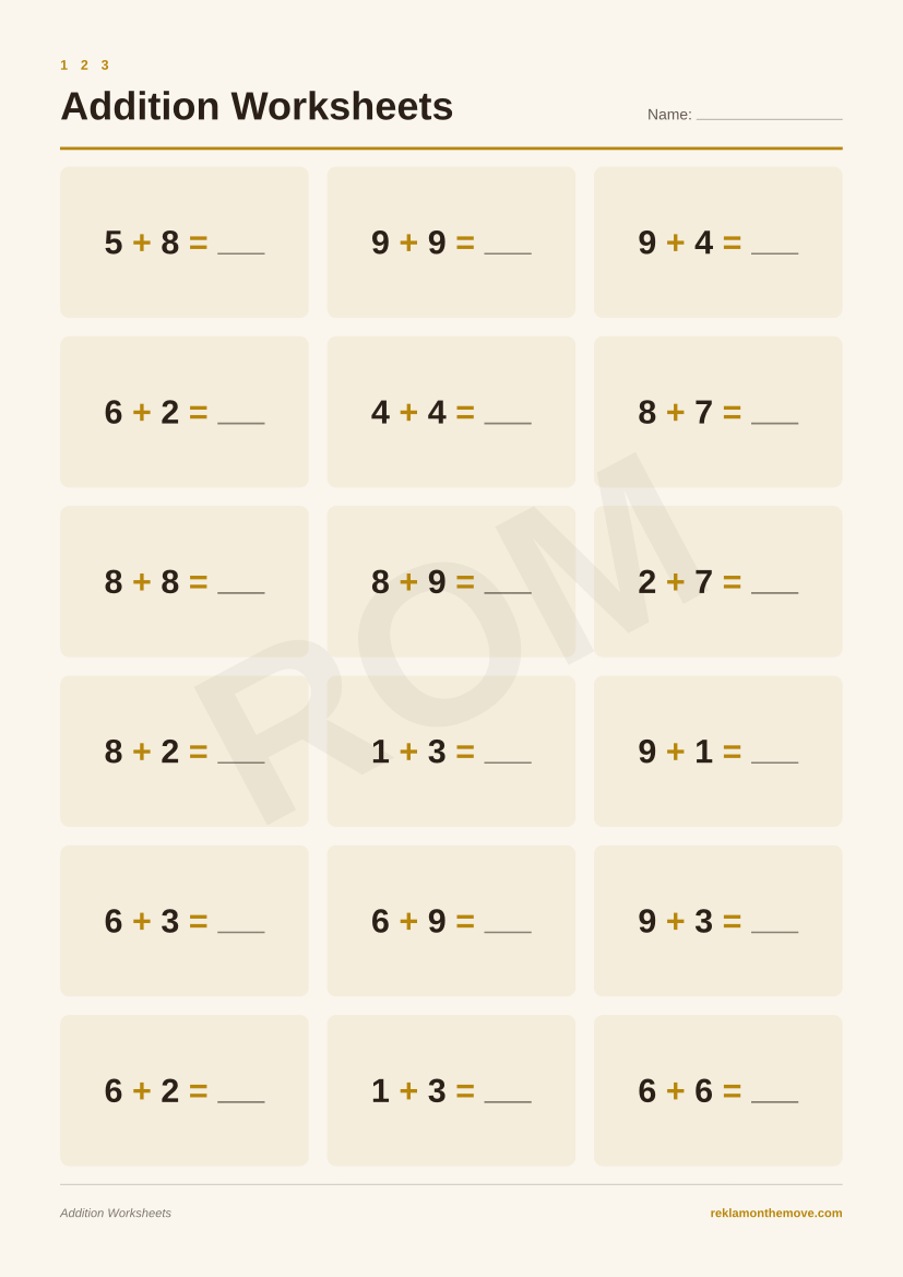 Addition Worksheets · Espresso — ROM dijital ürün önizlemesi (filigranlı)