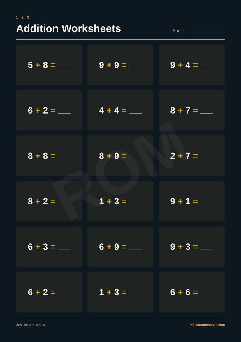 Addition Worksheets · Gece — ROM dijital ürün önizlemesi (filigranlı)