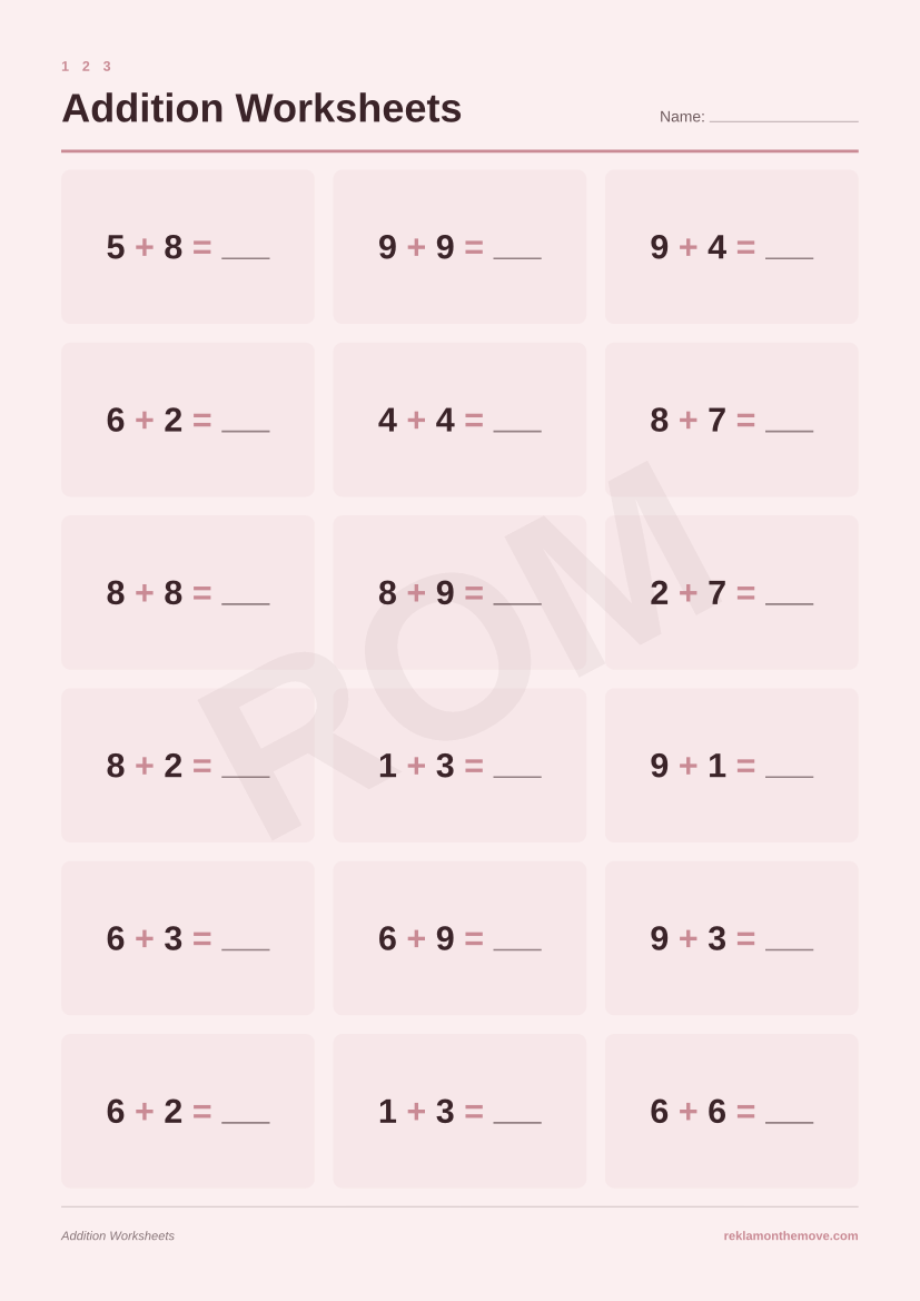 Addition Worksheets · Gül — ROM dijital ürün önizlemesi (filigranlı)