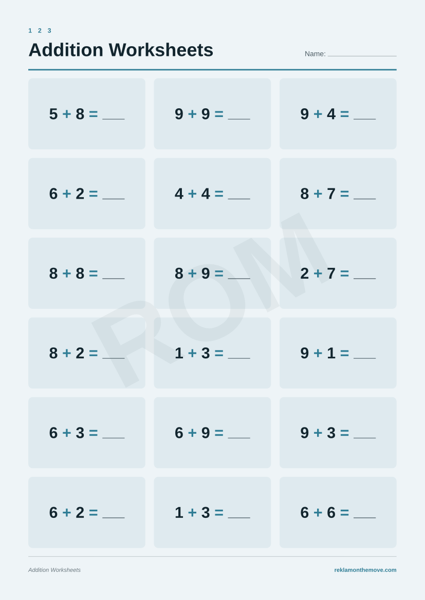 Addition Worksheets · Okyanus — ROM dijital ürün önizlemesi (filigranlı)